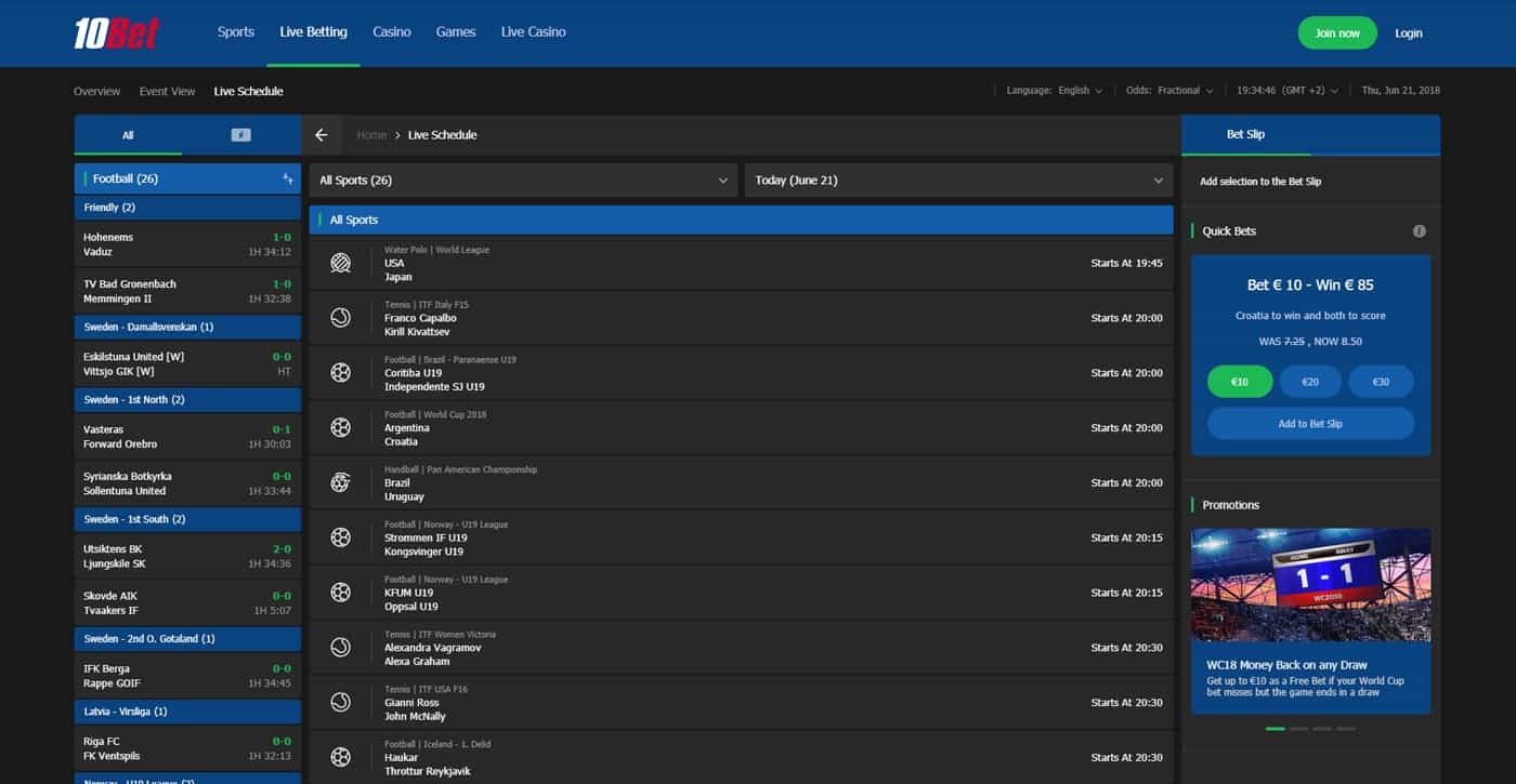 10Bet Live Betting Offers Screenshot