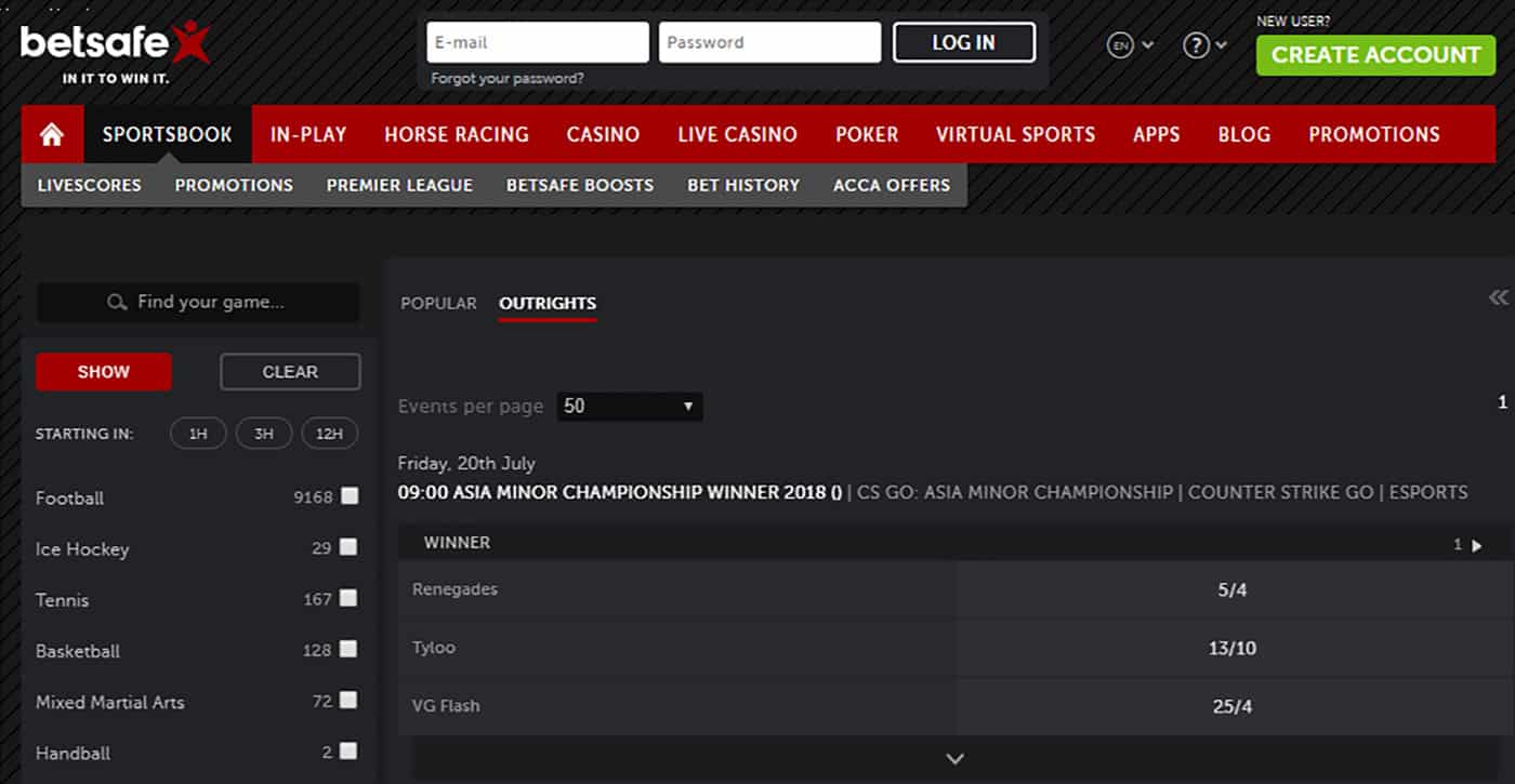 Betsafe CS:GO Sportsbook Screenshot