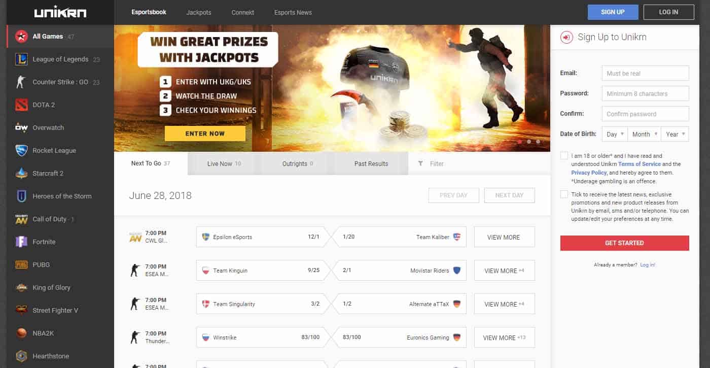 Unikrn Homepage Screenshot