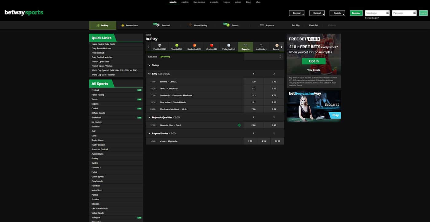 Betway Sports In-Play Screenshot