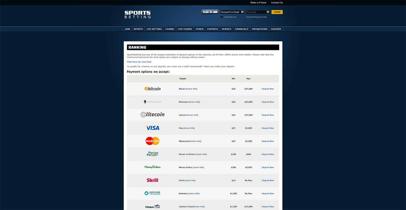 SportsBetting.ag Banking Screensshot