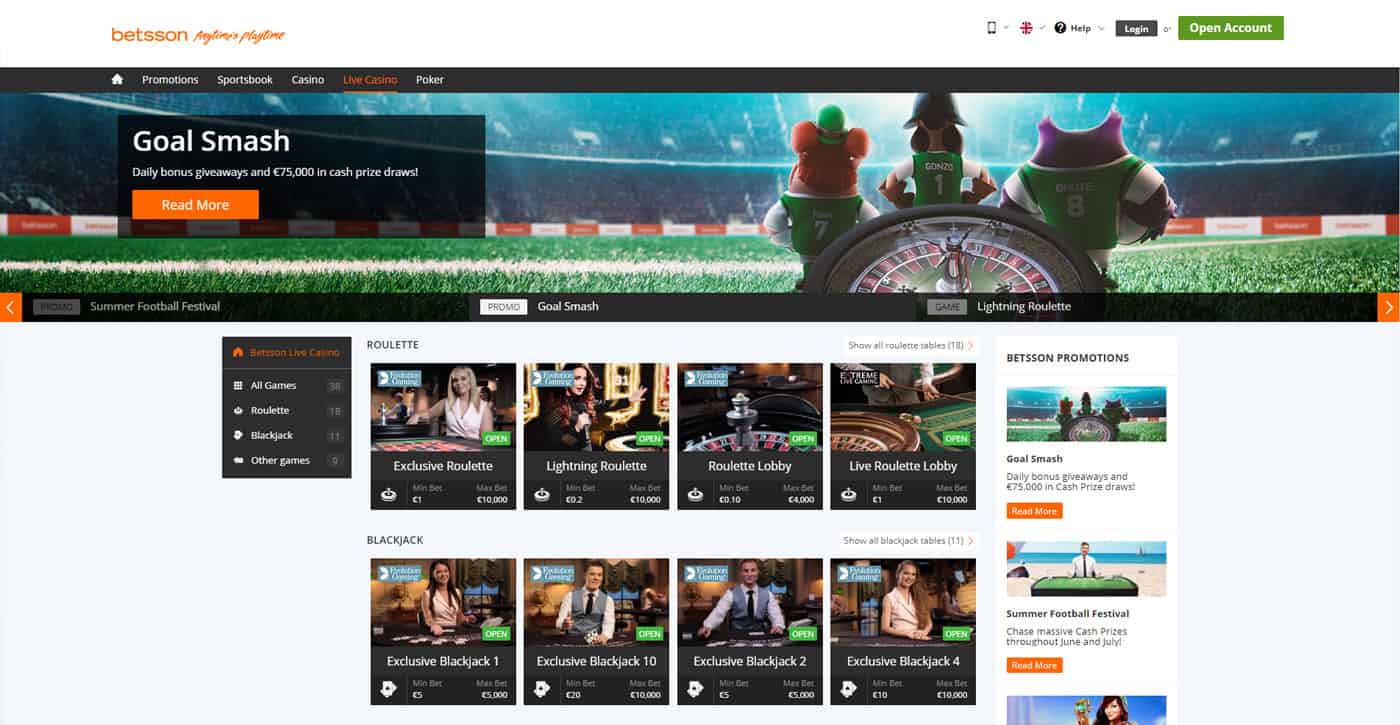 Betsson Live Casino Screenshot