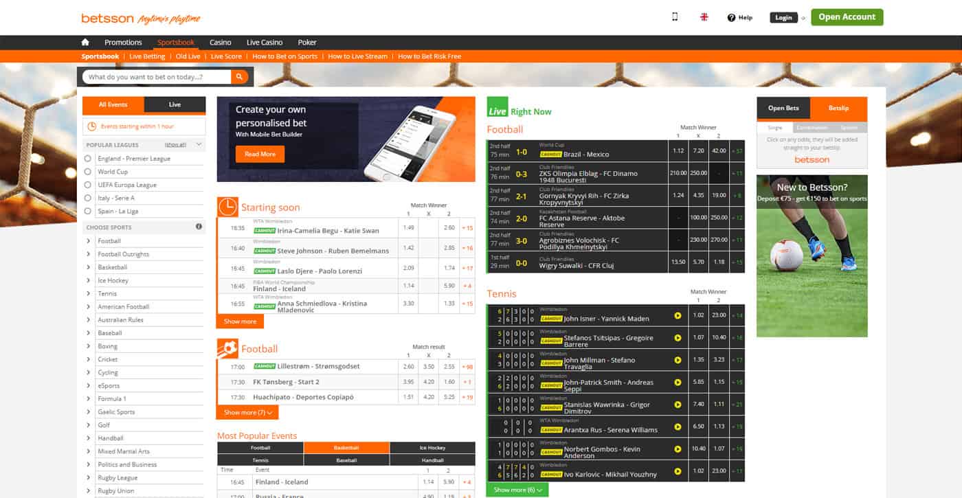 Betsson Sportsbook Screenshot