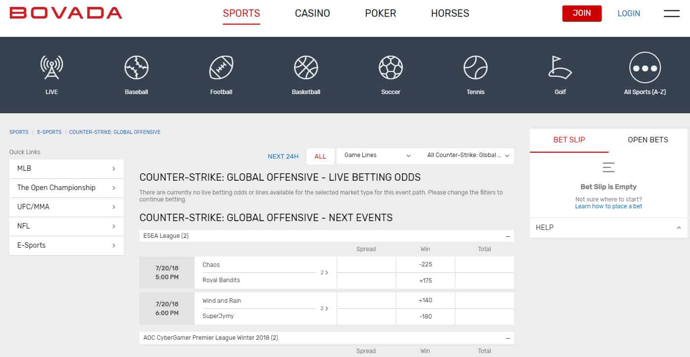 Bovada CS:GO Esports Screenshot