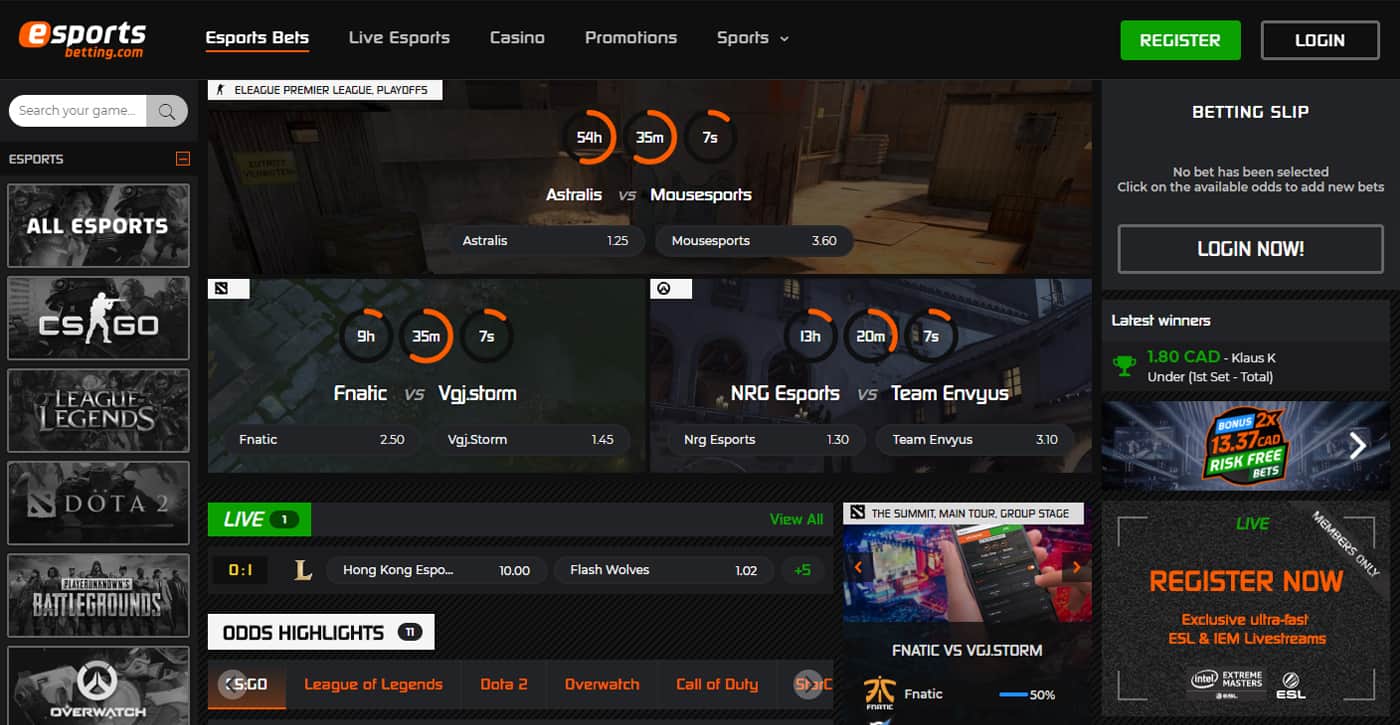 EsportsBetting.com Homepage Screenshot