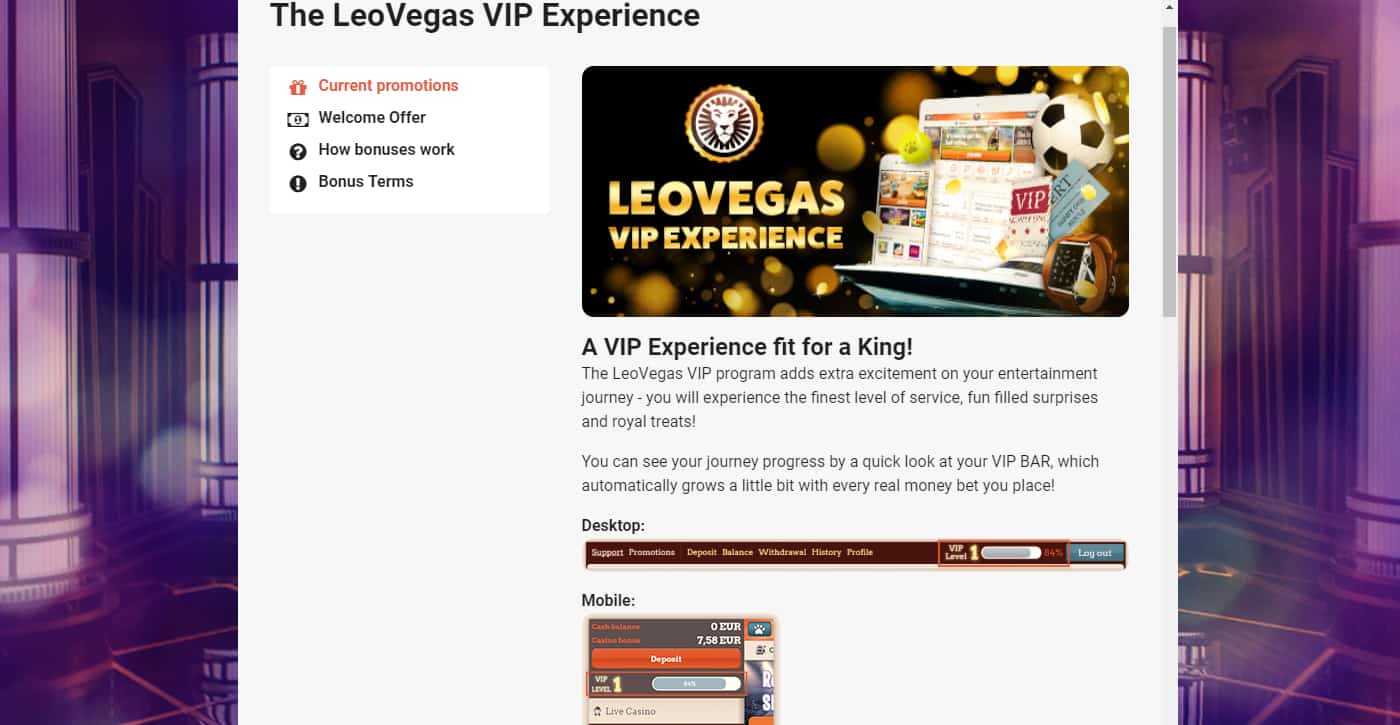 LeoVegas VIP Experience Screenshot