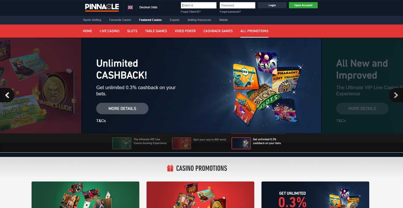 Pinnacle Featured Casino Promotions Screenshot