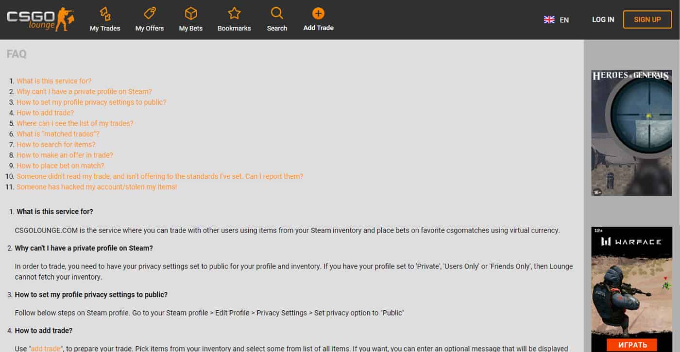 CSGO Lounge FAQ Screenshot
