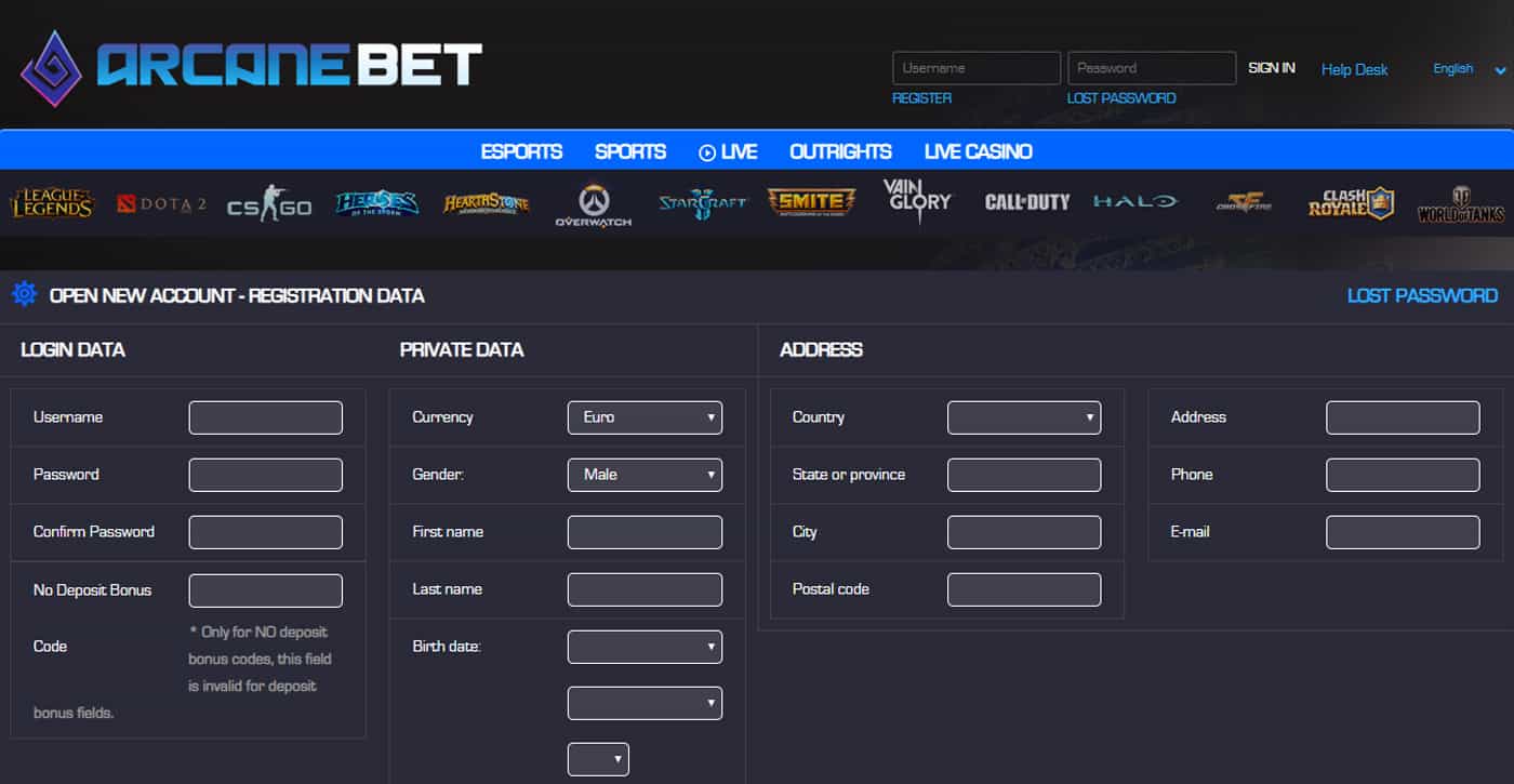 ArcaneBet Open New Account Screenshot