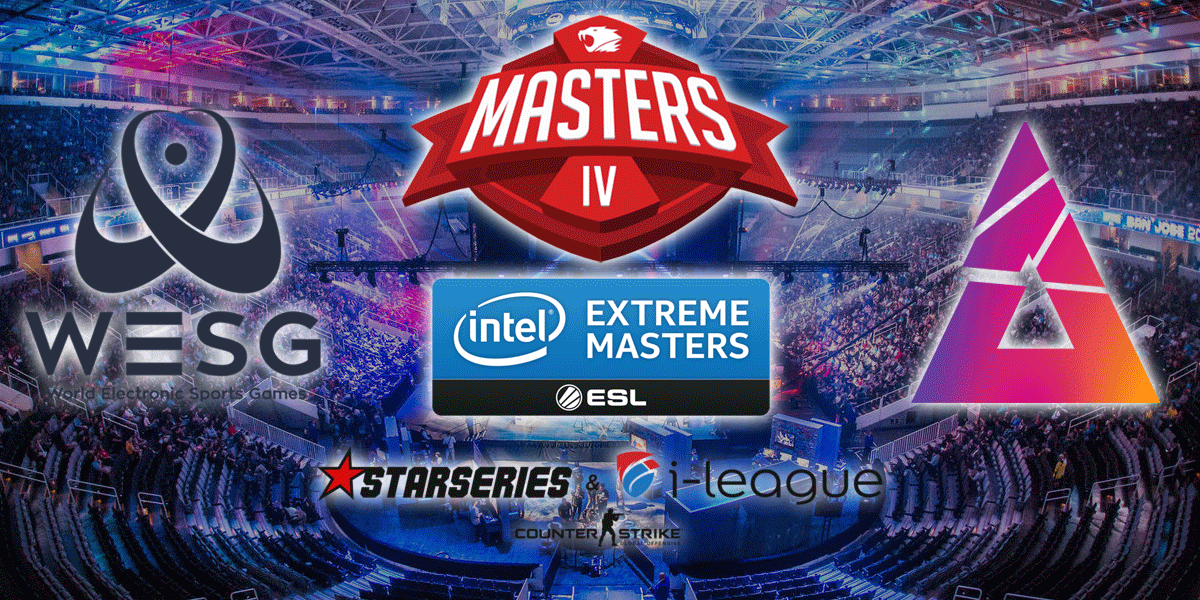 Logos for Intel Extreme Masters XIII Katowice Major 2019, World Electronic Sports Games 2018, StarSeries & i-League CSGO Season 7, iBUYPOWER Masters IV, and BLAST Pro Series Sao Paulo 2019